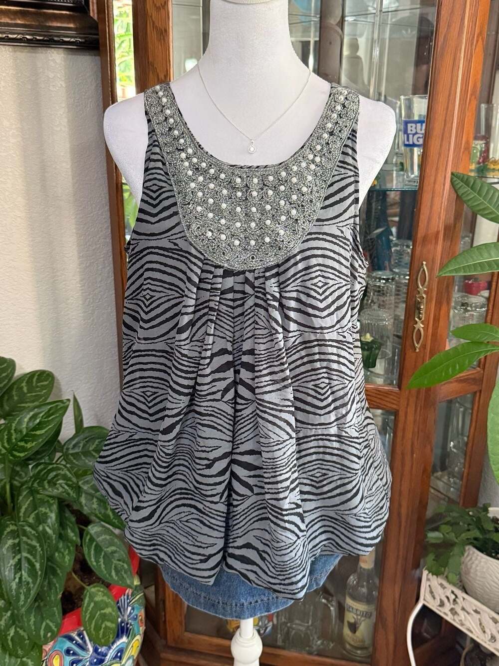 y2k Madison Gray and Black Zebra Print Embellished Sleeveless Tank Top
